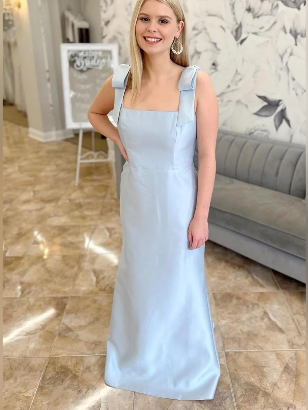 Alfred Sung D868 Mist Blue formal dress bridesmaids maxi bows
